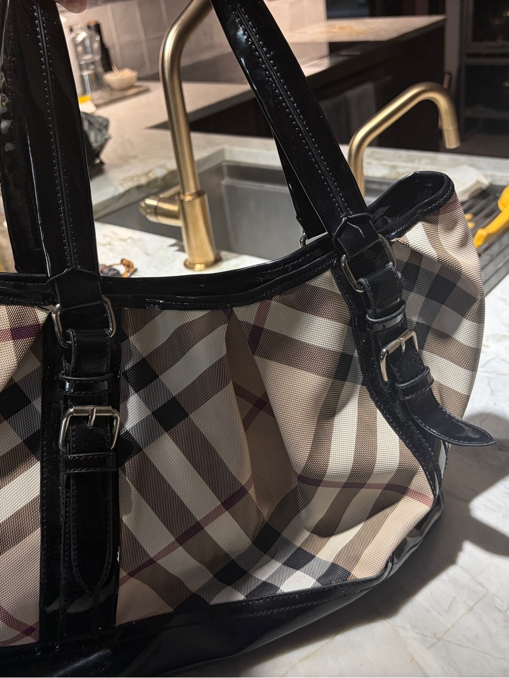 Beige Plaid Tote with Black Patent Trim
